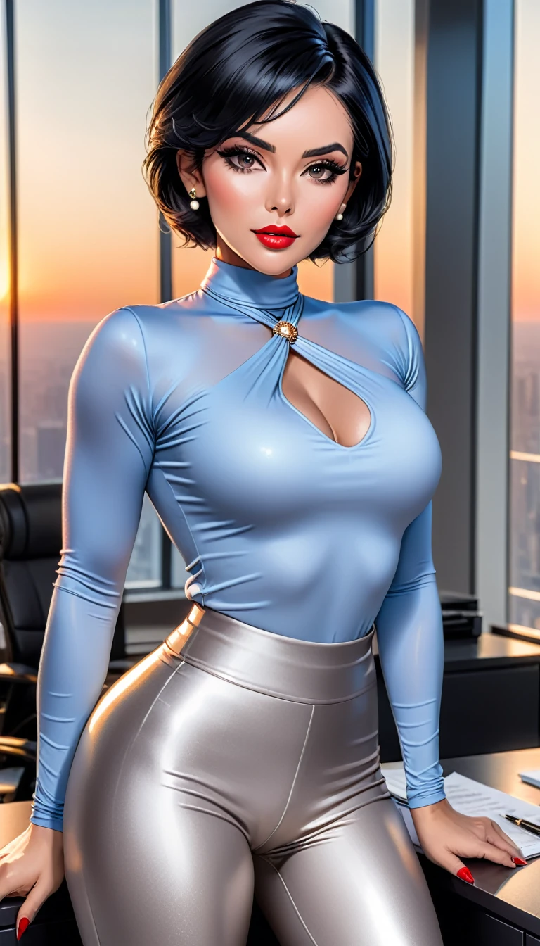 Beautiful woman with short straight black hair with black eyes wearing a Grey Gym Tight Leggings, a Blue Sexy Criss Cross Mock Neck Mid Sleeves Blouse, luxurious jewelry, 18k gold wedding ring on left hand, standing in an office room at sunset wearing a luxurious pearl necklace (light red lipstick),(elegant mascara),(muscular body with abs),(mid breasts) midjourney, <lora:GoodHands-, <lora:GoodLegs-, UHD, high resolution, (masterpiece:1.1, best quality), (expressive eyes, perfect face, full body, expressive face, perfect body, athletic, fit, slim body, blushing, Perfect makeup, eyeliner, beautiful eyelashes, smiling, horny face), ((best illumination, best shadows))