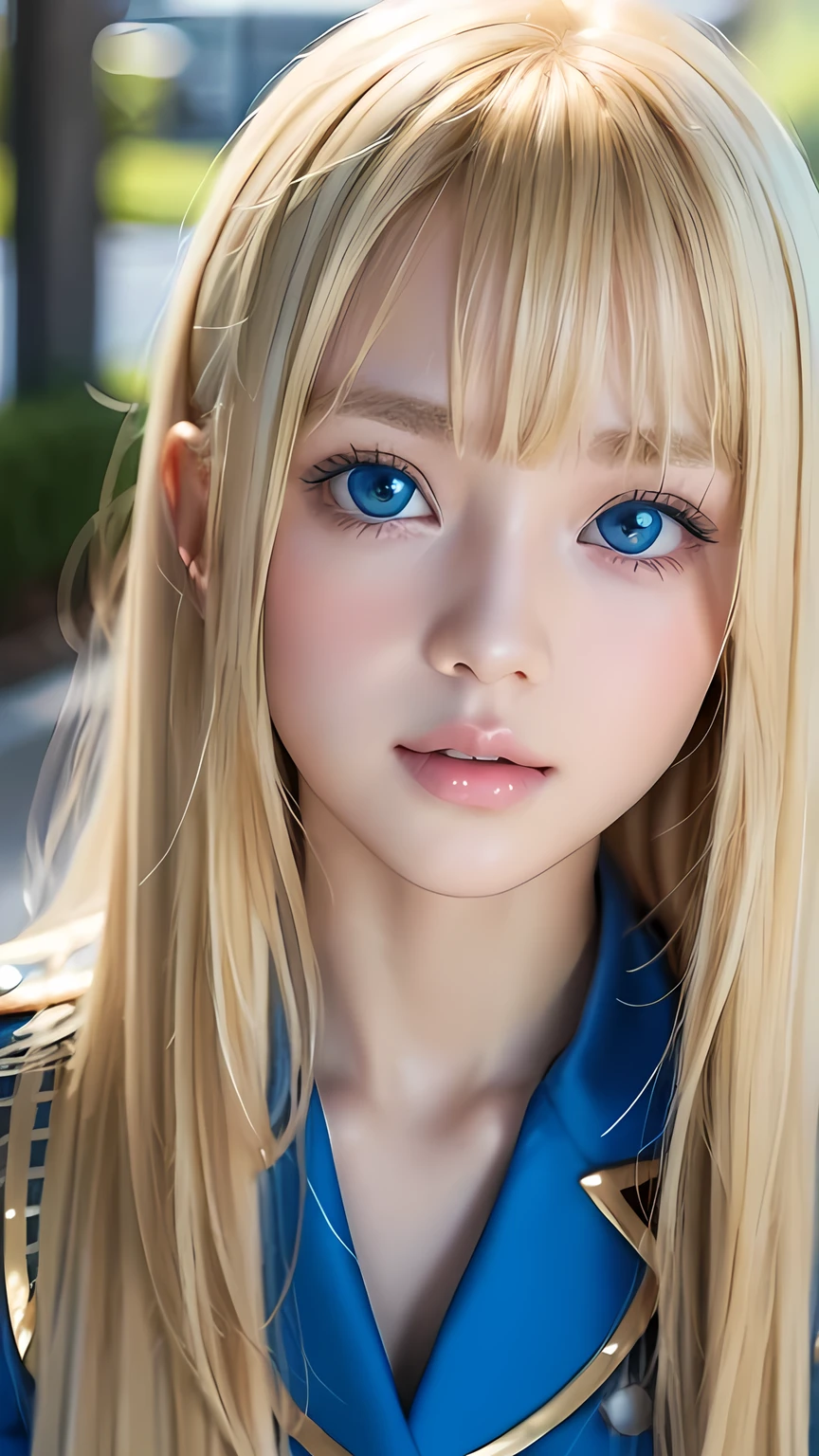 Beautiful blonde cute girl 15 years old、Sexy and very beautiful cute face、Big, bright blue eyes that sparkle beautifully、Very long, dazzling, beautiful, blonde, silky, shiny hair、Bangs between the eyes、Bangs that hang down in the face、uniform、Small Face Beauty、Glowing Skin、Cheek highlighter、White skin、Radiant Skin、Round face