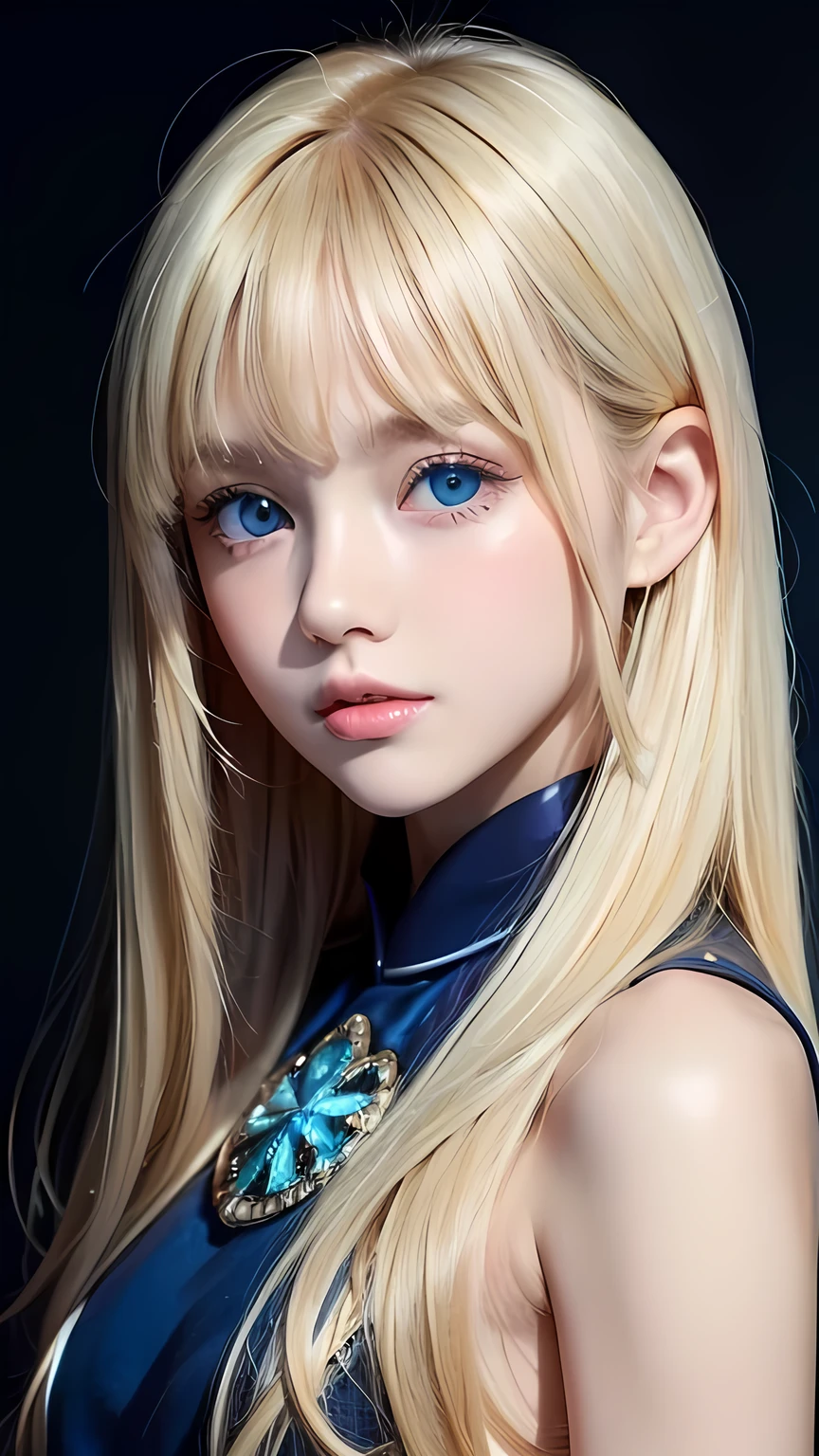 Beautiful blonde cute girl 15 years old、Sexy and very beautiful cute face、Big, bright blue eyes that sparkle beautifully、Very long, dazzling, beautiful, blonde, silky, shiny hair、Bangs between the eyes、Bangs that hang down in the face、uniform、Small Face Beauty、Glowing Skin、Cheek highlighter、White skin、Radiant Skin、Round face