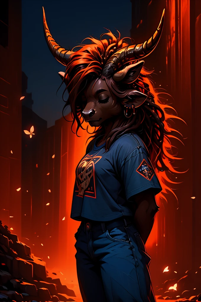 a masculine female highland cow with mullet-like dreadlocks and her hair over her eyes, rings on horns, wearing a graphic t-shirt and baggy blue jeans, detailed horns, detailed fur, dramatic lighting, dramatic shadows, vibrant colors, warm color palette.