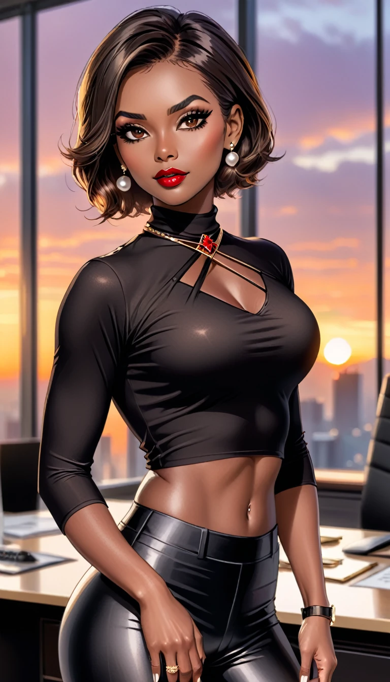 Beautiful woman with short straight brown hair with black eyes wearing a Black Gym Tight Leggings, a Red Sexy Criss Cross Mock Neck Mid Sleeves Blouse, luxurious jewelry, 18k gold wedding ring on left hand, standing in an office room at sunset wearing a luxurious pearl necklace (ebony skin), (light brown lipstick),(elegant mascara),(muscular body with abs),(mid breasts) midjourney, <lora:GoodHands-, <lora:GoodLegs-, UHD, high resolution, (masterpiece:1.1, best quality), (expressive eyes, perfect face, full body, expressive face, perfect body, athletic, fit, slim body, blushing, Perfect makeup, eyeliner, beautiful eyelashes, smiling, horny face), ((best illumination, best shadows))