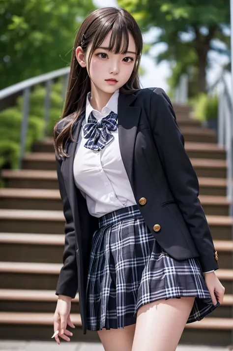 Top quality, high image, 1 woman, 18 years old, school stairs, black jacket, Medium breasts,white blouse,(plaid miniskirt), cott...