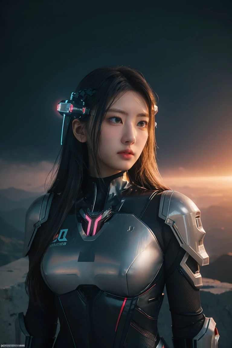 ((masterpiece, best quality, extremely detailed), volumetric lighting, ambient occlusion, colorful, glowing), 
1girl, solo, young girl, (dark hair), long hair, halo, aura, sacred, godness, cyber suit, (black outfit:1.3), android, bot, cybernetic wings,
outdoors, sunset, sky, clouds, space, (cyberpunk theme:1.2),