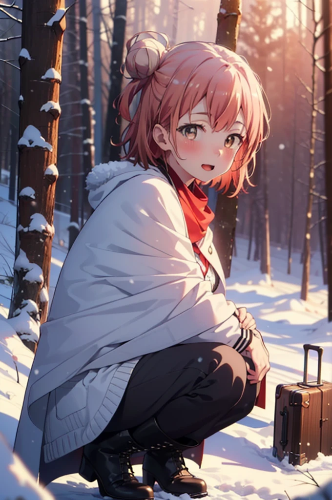 yuiyuigahama, yui yuigahama, short hair, (Brown eyes:1.5), (Pink Hair:1.2), Hair Bun, single Hair Bun, smile, (Big Breasts:1.2),smile,blush,White Breath,
Open your mouth,snow,Ground bonfire, Outdoor, boots, snowing, From the side, wood, suitcase, Cape, Blurred, forest, White handbag, nature,  Squat, Mouth closed,Cape, winter, Written boundary depth, Black shoes, red Cape break looking at viewer, Upper Body, whole body, break Outdoor, forest, nature, break (masterpiece:1.2), Highest quality, High resolution, unity 8k wallpaper, (shape:0.8), (Beautiful and beautiful eyes:1.6), Highly detailed face, Perfect lighting, Highly detailed CG, (Perfect hands, Perfect Anatomy),