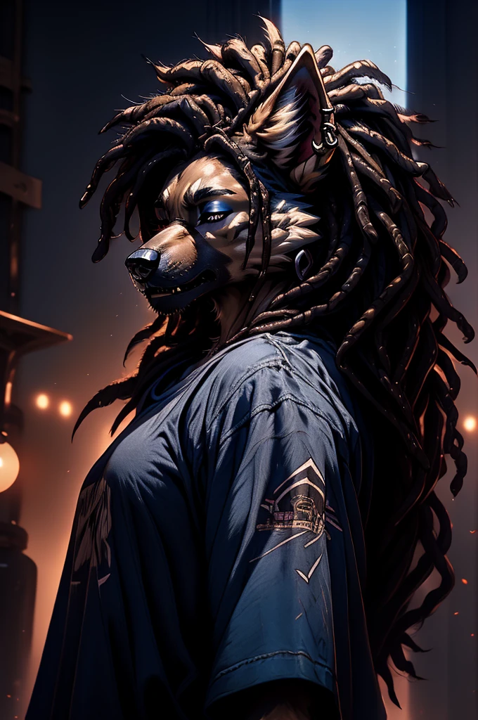 a masculine female german shepherd dog with mullet-like dreadlocks, dreadlocks over eyes, piercings, graphic t-shirt, baggy blue jeans, detailed portrait, realistic, hyper detailed, sharp focus, octane render, cinematic lighting, dramatic shadows, moody colors.