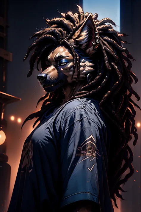 a masculine female german shepherd dog with mullet-like dreadlocks, dreadlocks over eyes, piercings, graphic t-shirt, baggy blue...