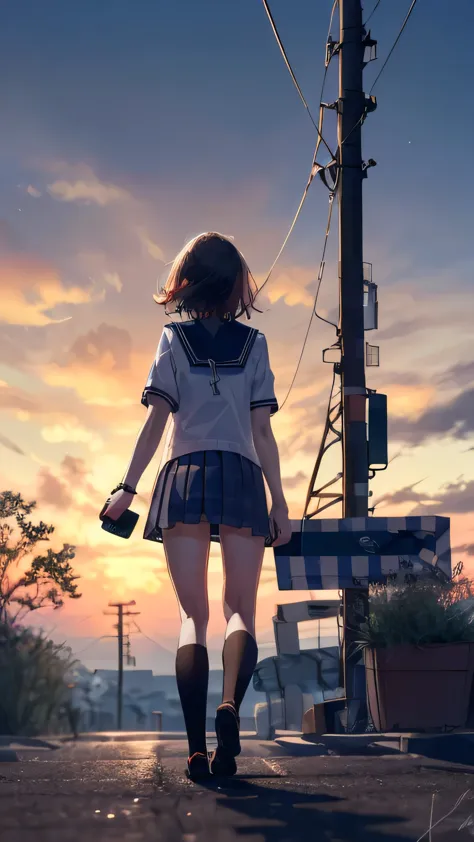 -blues, one girl, alone, outdoor, cloud, null, skirt, scenery, sign, butt, i can see your pants, bag, are standing, seraph, knee...