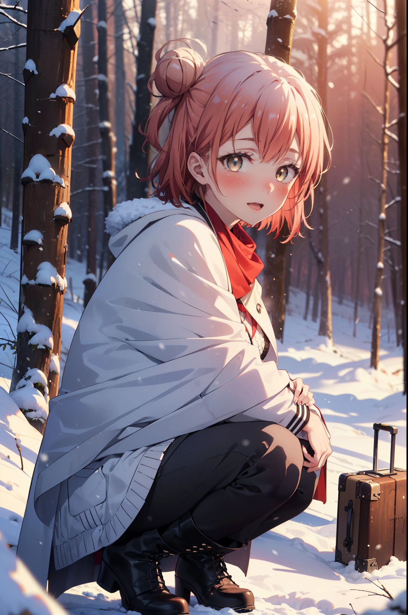 yuiyuigahama, yui yuigahama, short hair, (Brown eyes:1.5), (Pink Hair:1.2), Hair Bun, single Hair Bun, smile, (Big Breasts:1.2),smile,blush,White Breath,
Open your mouth,snow,Ground bonfire, Outdoor, boots, snowing, From the side, wood, suitcase, Cape, Blurred, forest, White handbag, nature,  Squat, Mouth closed,Cape, winter, Written boundary depth, Black shoes, red Cape break looking at viewer, Upper Body, whole body, break Outdoor, forest, nature, break (masterpiece:1.2), Highest quality, High resolution, unity 8k wallpaper, (shape:0.8), (Beautiful and beautiful eyes:1.6), Highly detailed face, Perfect lighting, Highly detailed CG, (Perfect hands, Perfect Anatomy),