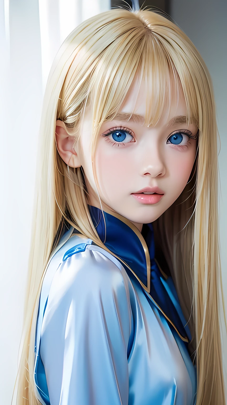 Beautiful สีบลอนด์ cute girl 15 years old、Sexy and very สวย cute face、ใหญ่, bright blue eyes that sparkle สวยly、นานมาก, พราว, สวย, สีบลอนด์, เนียน, ผมเงางาม、Super long straight เนียน hair、เรียบระหว่างดวงตา、หน้าม้าที่ห้อยลงมาบนใบหน้า、เครื่องแบบ、ความงามของใบหน้าเล็ก、ผิวเปล่งประกาย、ไฮไลท์ปัดแก้ม、ผิวขาว、ผิวกระจ่างใส、ใบหน้ากลม