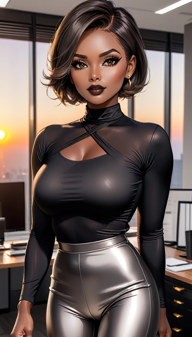 Beautiful woman with short straight brown hair with black eyes wearing a Black Gym Tight Leggings, a Grey Sexy Criss Cross Mock Neck Mid Sleeves Blouse, luxurious jewelry, 18k gold wedding ring on left hand, standing in an office room at sunset wearing a luxurious silver necklace (ebony skin), (light brown lipstick),(elegant mascara),(muscular body with abs),(mid breasts) midjourney, <lora:GoodHands-, <lora:GoodLegs-, UHD, high resolution, (masterpiece:1.1, best quality), (expressive eyes, perfect face, full body, expressive face, perfect body, perfect pussy, athletic, fit, slim body, blushing, Perfect makeup, eyeliner, beautiful eyelashes, smiling, horny face), ((best illumination, best shadows))