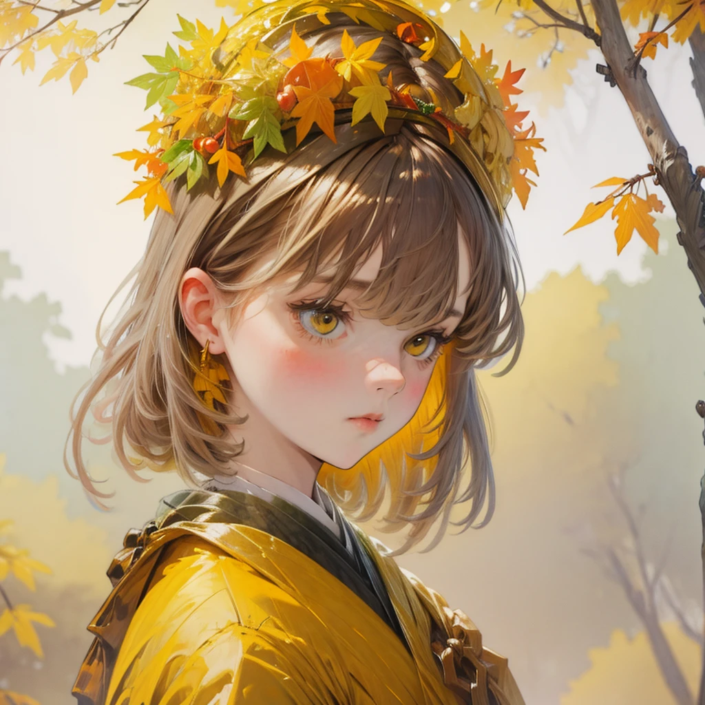 Draw a girl in the autumn forest with a wreath on her head made of yellow leaves