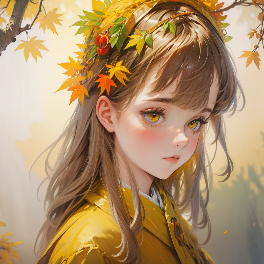 Draw a girl in the autumn forest with a wreath on her head made of yellow leaves