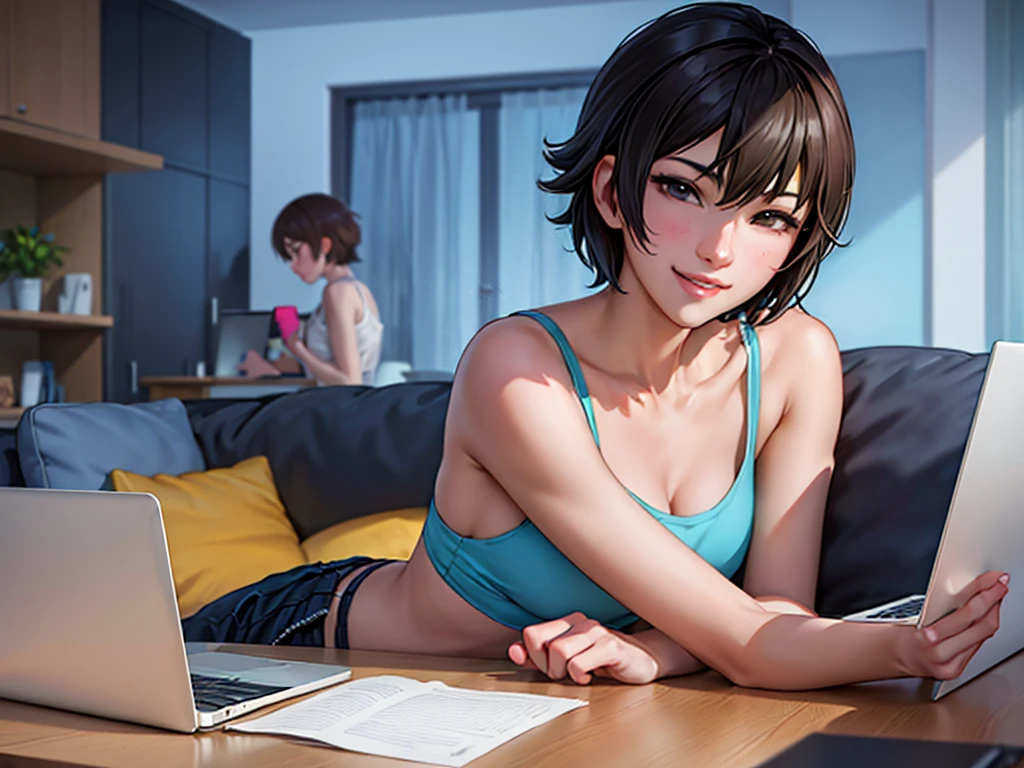 A 20-year-old beautiful Japanese woman with short hair, wearing a white tank top and a white miniskirt, is sitting at a dining table in a modern living room. She is smiling and looking at the camera while using her laptop to search Google. A Wi-Fi router is placed on the table. The room is decorated with abstract art, high quality, Makoto Shinkai style, detailed facial details, bright colors, 4K