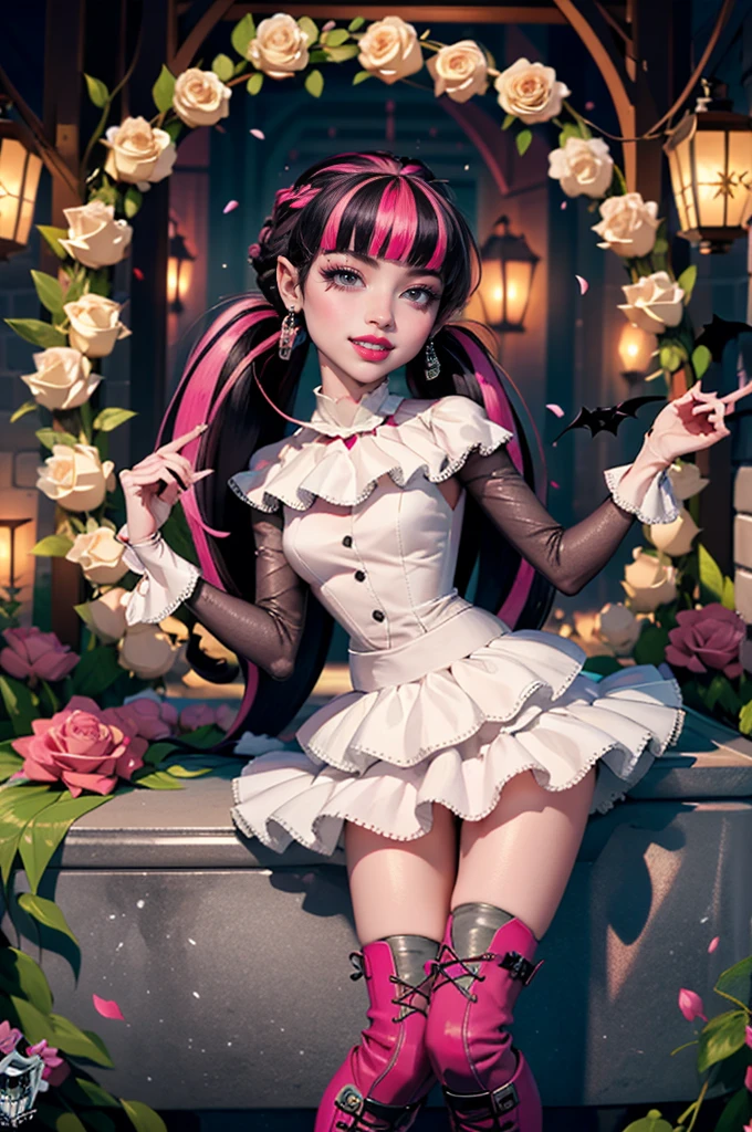 ((high quality)), ((Work of art)), (more detail), 1girl, succubus, centered, a girl with a bat wings, award winning upper body portrait, cowboy shot, Draculaura_MH, solo, black half hair, pink half hair, multicolored hair, long hair, wave hair, braided hair, chinese hairpin, white shirt, white skirt, pink knee boots, smiling, gothic style, cemetery scenery, gold lanterns, white roses, depth of field, cinematic composition, half black hair, half soft pink hair, wave hair, seat close to a coffin, white roses, smile, vampire fangs, gothic dress, bat wings, white dress, white dress with transparency, pink laces, white gloves, white high socks, pink high hills boots, bat jewelry, jewelry, grass, white roses on focus, Draculaura_(monster high), Monster High, looking at the viewer, more details on the clothes, petals in the air, two arms, two legs, two hands, five fingers