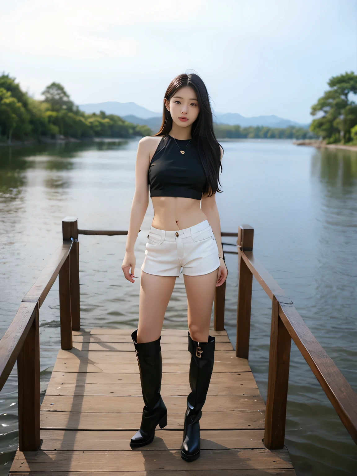 White crop top and bare midriff、A young Asian woman with long black hair wearing black mini shorts and black western boots、Full body shot of a man standing on a wooden bridge over a body of water