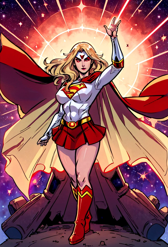 nijistyle, Cowboy shot of beautiful woman in Superman costume, Long Blonde Hair, Heroic, Glowing red eyes, laser eyes, Cape, Particle, skyporn, Red skirt, Red boots, Sexy Pose, large udder, nigh sky, Countless stars, Raise one hand, flying pose,