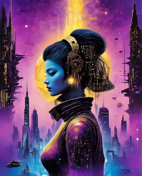 bladerunner filmposter：1 lady, starry sky and zodiac signs, purple hues like nebulae, vast space, city at the bottom of cyber pu...