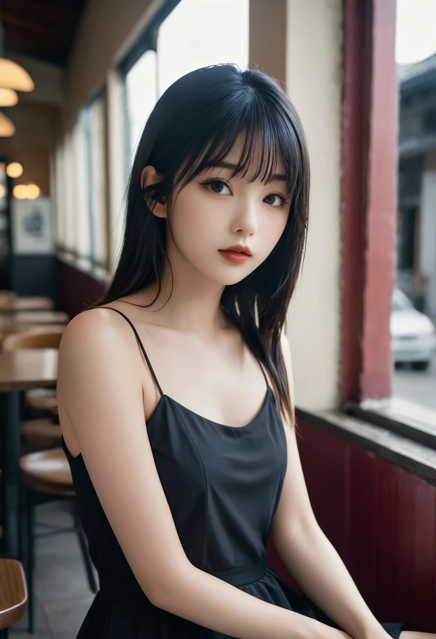 a girl，cute and pretty face，Long straight black hair，Long bangs covering eyes，long eyelashes，(Fine eyes)，small eyes，(half-closed eyes)，(Dark lipstick)，(Dark eyeshadow)，Slim body，Medium breasts，Slender limbs，Black spaghetti strap dress，Inside an old coffee shop，clean focus，shallow Depth of Field，Ultra-detailed faces，very beautiful face，Extremely high texture skin，Look into the distance，beautiful legs，seductive，femainine pose，(realistic ，realistic-photo，RAW photo，8K original)，lens flare，film grain，artistic photography，UHD，highres，masterpiece，retina，