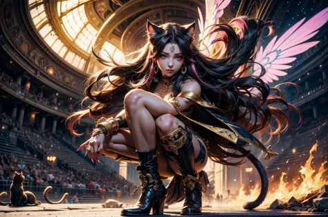 There is lost coliseum there stand female lionessin battle stance, she have ebony colour skin beautiful yellow cat eyes dark gol...