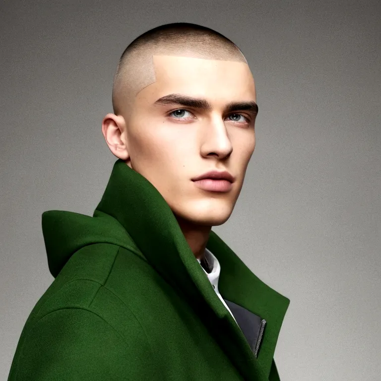 a young man with buzz cut hair, wearing a coat that imitates hair. perfectly centered. infinite green background.