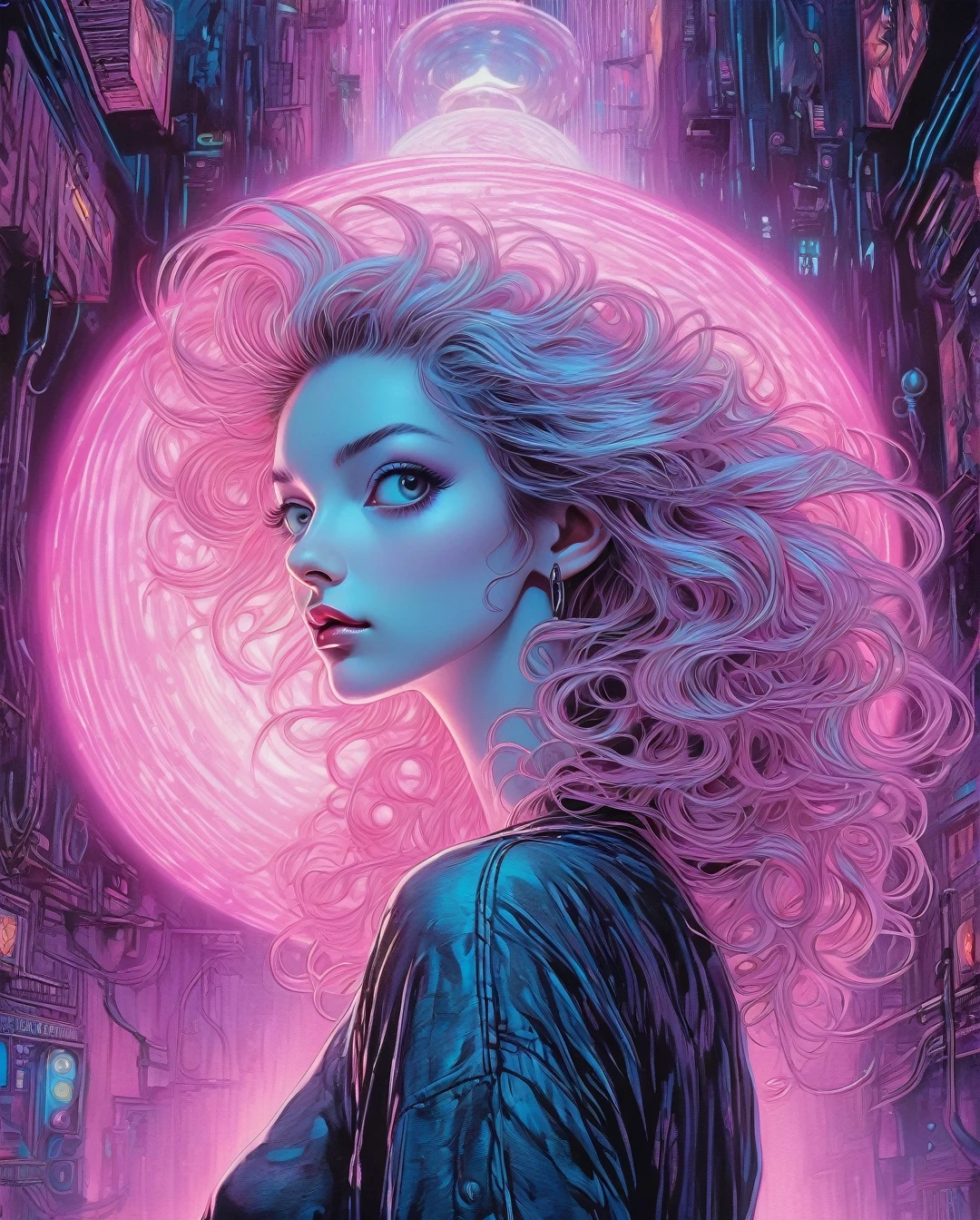 ilustração de vista reta plana de uma bela jovem vestindo uma roupa casual fofa, fundo e desenho no estilo Tim Burton, entrelaçamento estreito de realismo e simbolismo no estilo cyberpunk, iluminação neon rosa claro, sombras escuras. imagem estética e bonita, vencedor de vários prêmios, tendências em revistas populares, creative obra de arte, mais detalhes XL, dreAmwAve..... (melhor qualidade,4K,8K,alta resolução,obra de arte:1.2),Ultra-detalhado,(realista,photorealista,photo-realista:1.37),realidade alternativa,Telepática,poderes psíquicos,leitura da mente,terceiro olho,mente dobrada,olhar intenso,Universo paralelo,Estilo Yoshitaka Amano,sonhe como,fantasia,cores vivas,iluminação suave