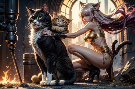 There is lost coliseum there stand female lionessin battle stance, she have ebony colour skin beautiful yellow cat eyes dark gol...