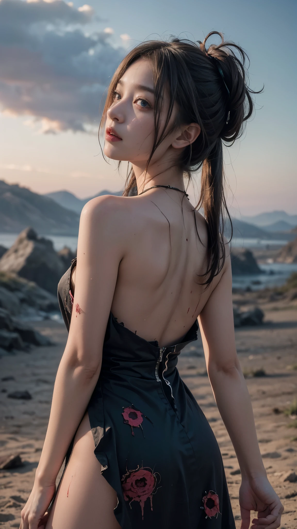 (((A landscape like the end of the world, A girl is desperately running away))), (In a ripped and tattered dress), Dirty body, (Blood on the dress:1.2), beautiful girl, Baby Face:1.3, (Highest quality, 8k, masterpiece), (Detailed eyes and face:1.3), (Detailed hands)