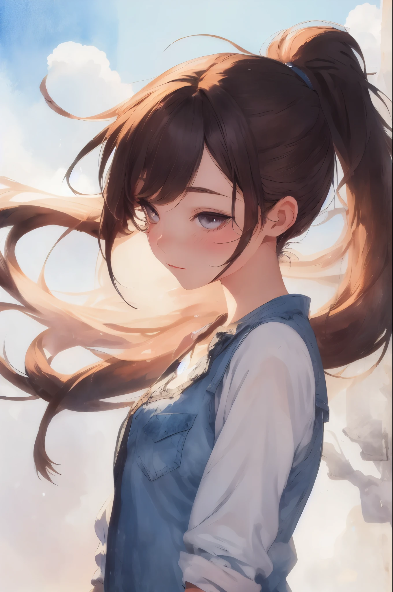 (One beautiful girl:1.3), Swinging ponytail, straggling hair, Bright Sun
, Watercolor style, Soft Blending, Dreamy wash, Warm texture, Beautiful graphics, high quality