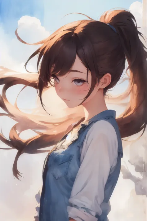 (one beautiful girl:1.3), swinging ponytail, straggling hair, bright sun
, watercolor style, soft blending, dreamy wash, warm te...