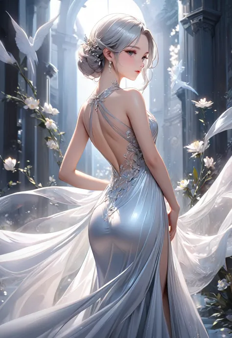 
       ( Perfect anatomical structure ) A girl in a white evening dress looks back with flowers on her silver hair, Elegant lon...