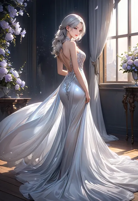 
       ( Perfect anatomical structure ) A girl in a white evening dress looks back with flowers on her silver hair, Elegant lon...