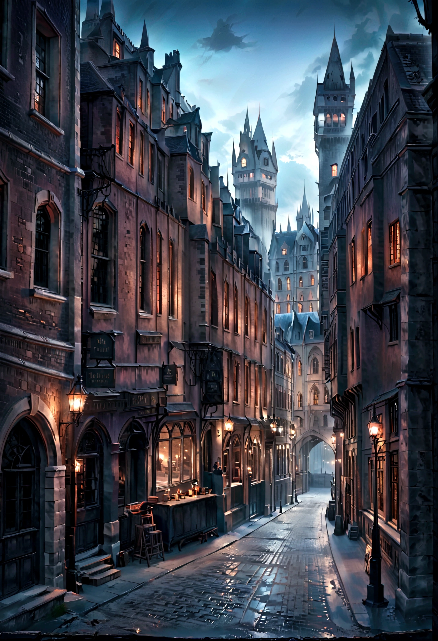 Um castelo gótico escuro na Irlanda, Magia negra, história Harry Potter, Muito detalhado, 8K, realidade, obra de arte, fantasia negra, iluminação dramática, ambiente sombrio, imagens góticas surreais fotorealista 