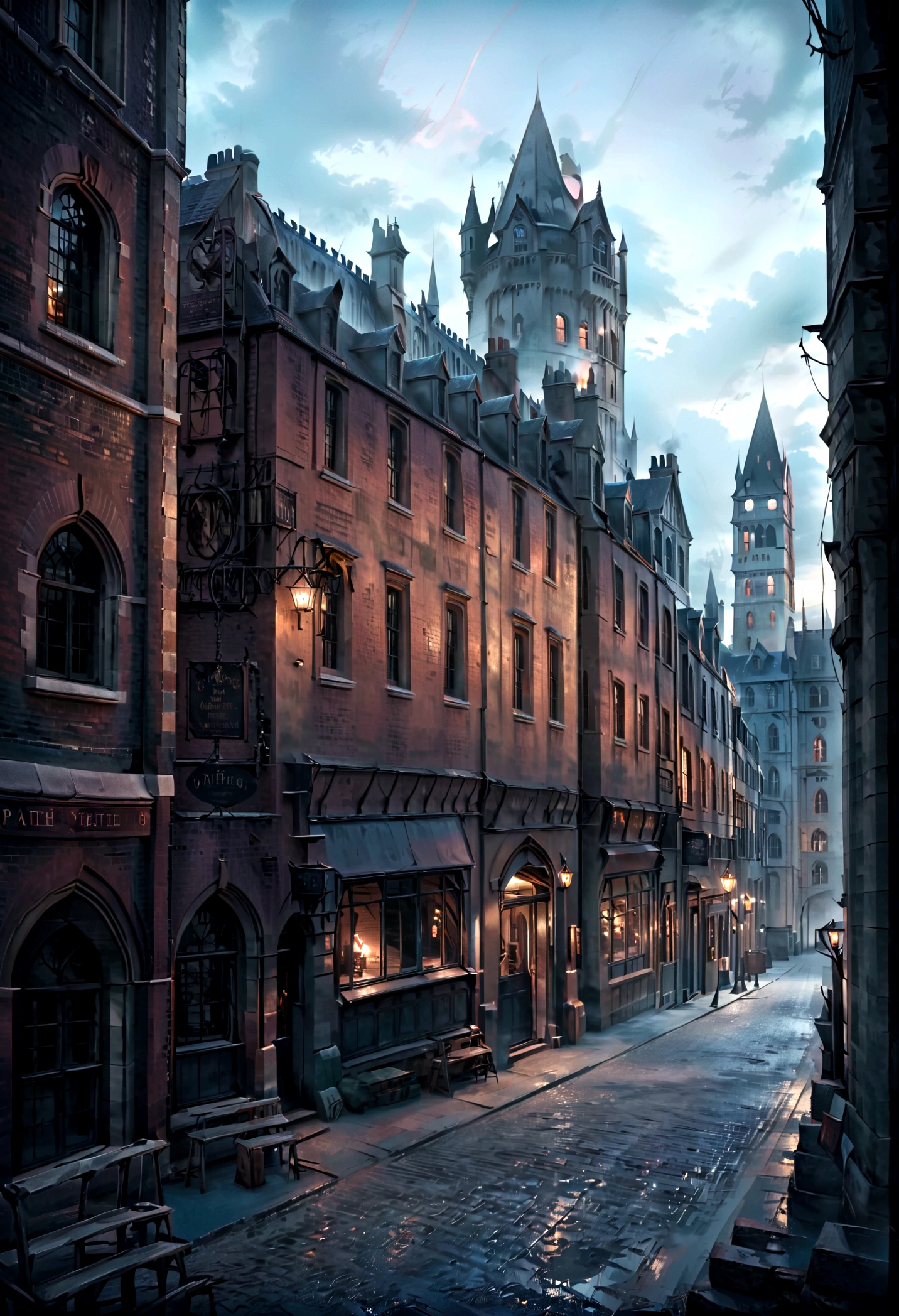 Um castelo gótico escuro na Irlanda, Magia negra, história Harry Potter, Muito detalhado, 8K, realidade, obra de arte, fantasia negra, iluminação dramática, ambiente sombrio, imagens góticas surreais fotorealista 