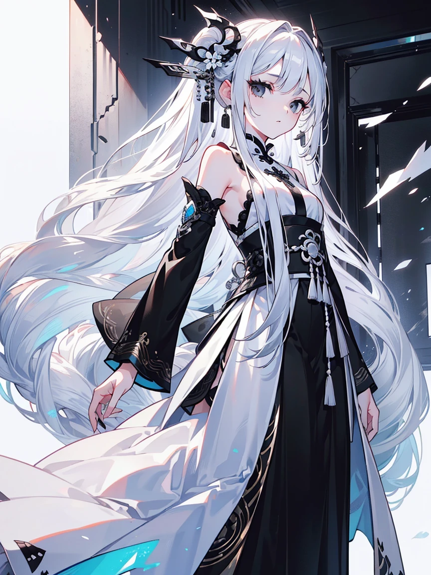 (Top image quality)、(Ultra Detailed)、(Facing forward)、top quality、masterpiece、(((1 girl)))、Silver Hair、white hair、((Long hair))、(black eyes:1.6)、(Hanfu)