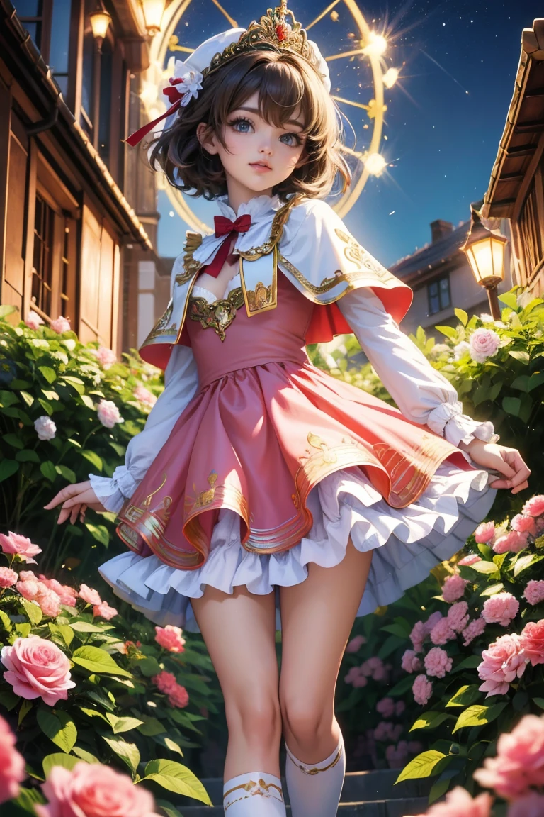 Kinomoto Sakura, Sakura CardCaptors, roses, ornament hair, brown hair, short hair, sky, rainbow colors in the aurora boreal, night, 1girl, dress, solo, flowing hair, floating hair, ornament hair, perfectly body, perfectly hands, on garden, petals, centered girl, white dress, more details on her clothes, dress with transparency, golden details, daylight, smiling, cape, ((4k, masterpiece, top-quality)),8k, best quality, high resolution, HD, (illustration:0.8), super cute girl, delicate and beautiful face, mature girl, super cute hairstyle, (beautiful detailed eyes:1.6), extremely detailed face, perfect lighting, extremely detailed CG, (perfect hands, perfect anatomy), Best quality, cleavage, small skirt, full Body, two arms, two legs, two hands, five fingers