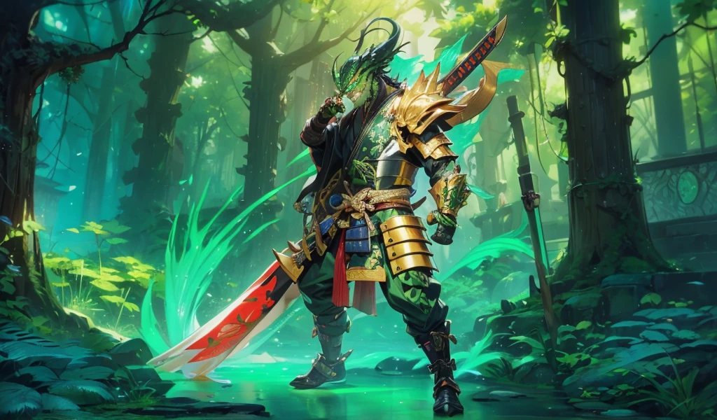 whole body，Green Lizard Man，Green Skin，Scale covering，Golden samurai armor，Japanese Samurai Style，Alligator head，Black long beard，Black long eyebrows