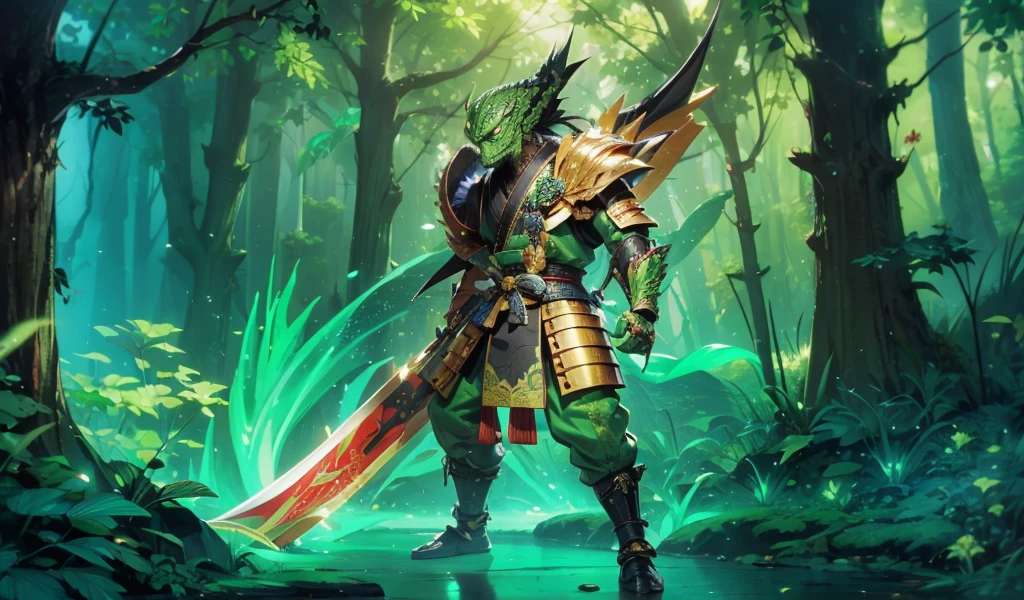 whole body，Green Lizard Man，Green Skin，Scale covering，Golden samurai armor，Japanese Samurai Style，Alligator head，Black long beard，Black long eyebrows