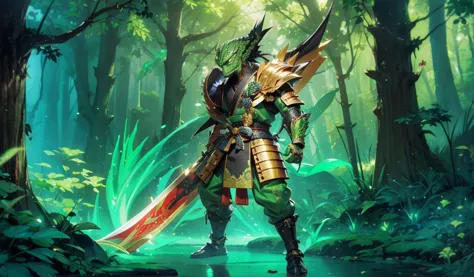 whole body，green lizard man，green skin，scale covering，golden samurai armor，japanese samurai style，alligator head，black long bear...