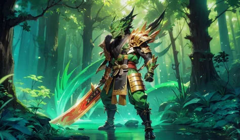 whole body，green lizard man，green skin，scale covering，golden samurai armor，japanese samurai style，alligator head，black long bear...