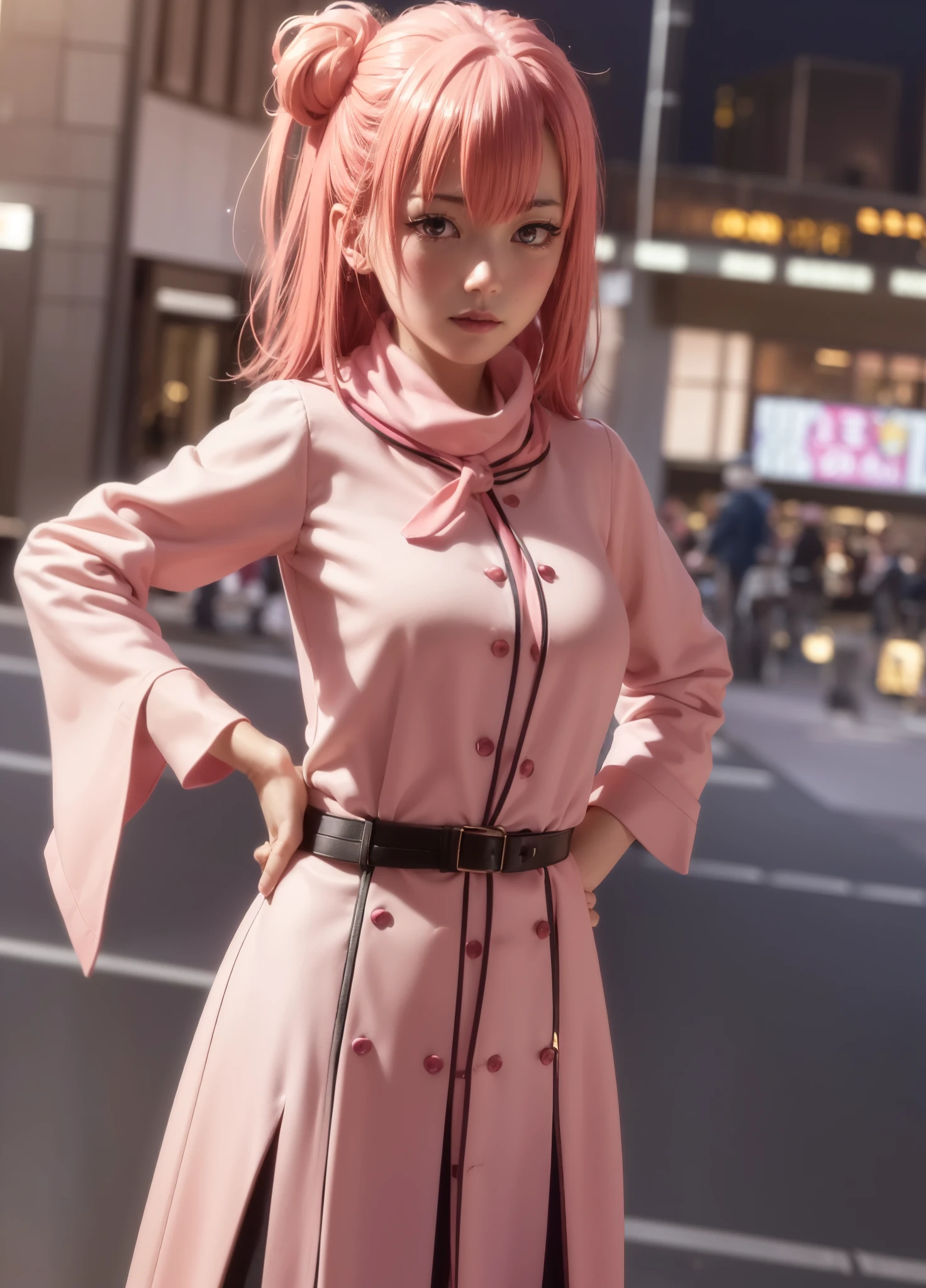 yuiyuigahama, yui yuigahama, Long Hair, (Pink Eyes:1.5), (Pink Hair:1.2), Hair Bun, single Hair Bun,blush, smile, (Big Breasts:1.2),Red scarf,Pink long coat　Open the button,White sweater,Short Band,Black knee-high socks,short boots,evening,sunset,
break outdoors,city,Building Street,
break looking at viewer,Peeking from above, (Cowboy Shot:1.5),
break (masterpiece:1.2), Highest quality, High resolution, unity 8k wallpaper, (shape:0.8), (Beautiful and beautiful eyes:1.6), Highly detailed face, Perfect lighting, Extremely detailed CG, (Perfect hands, Perfect Anatomy),