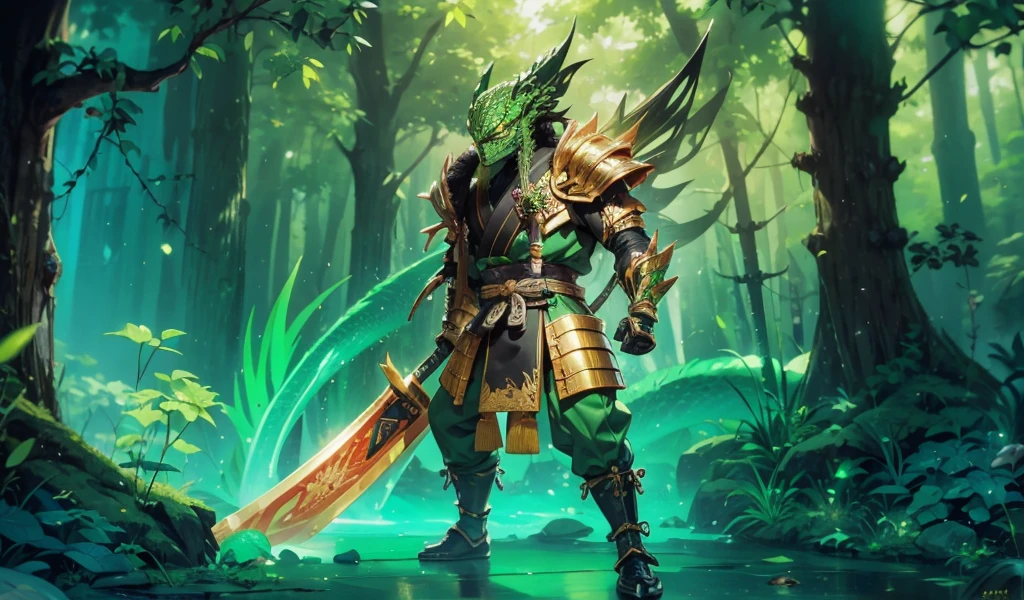 whole body，Green Lizard Man，Green Skin，Scale covering，Golden samurai armor，Japanese Samurai Style，Alligator head，Black long beard，Black long eyebrows