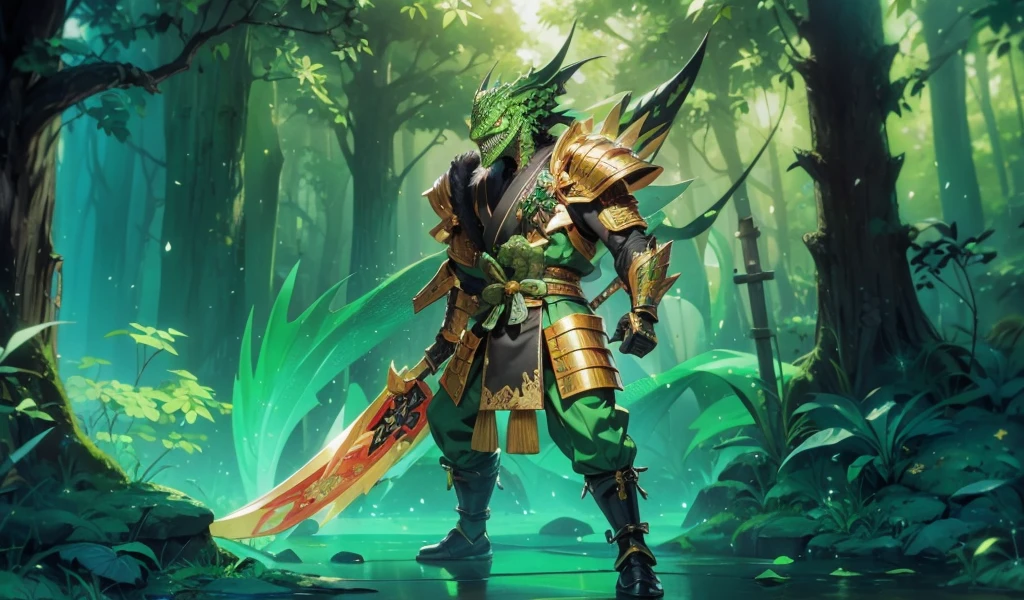 whole body，Green Lizard Man，Green Skin，Scale covering，Golden samurai armor，Japanese Samurai Style，Alligator head，Black long beard，Black long eyebrows