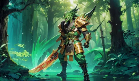 whole body，green lizard man，green skin，scale covering，golden samurai armor，japanese samurai style，alligator head，black long bear...