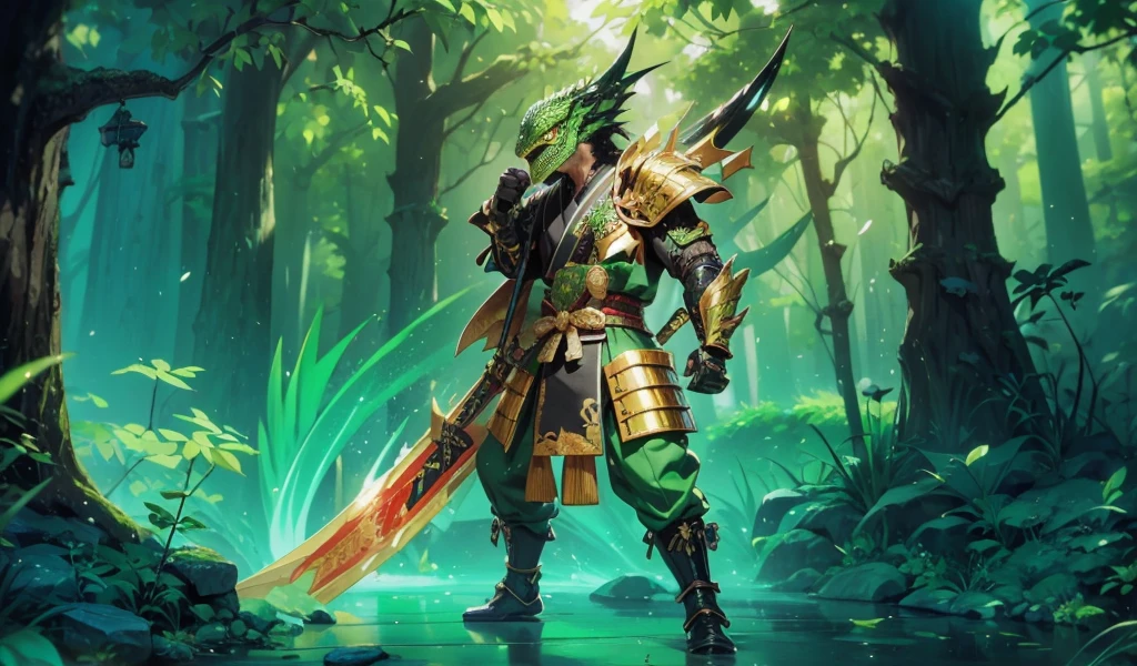 whole body，Green Lizard Man，Green Skin，Scale covering，Golden samurai armor，Japanese Samurai Style，Alligator head，Black long beard，Black long eyebrows