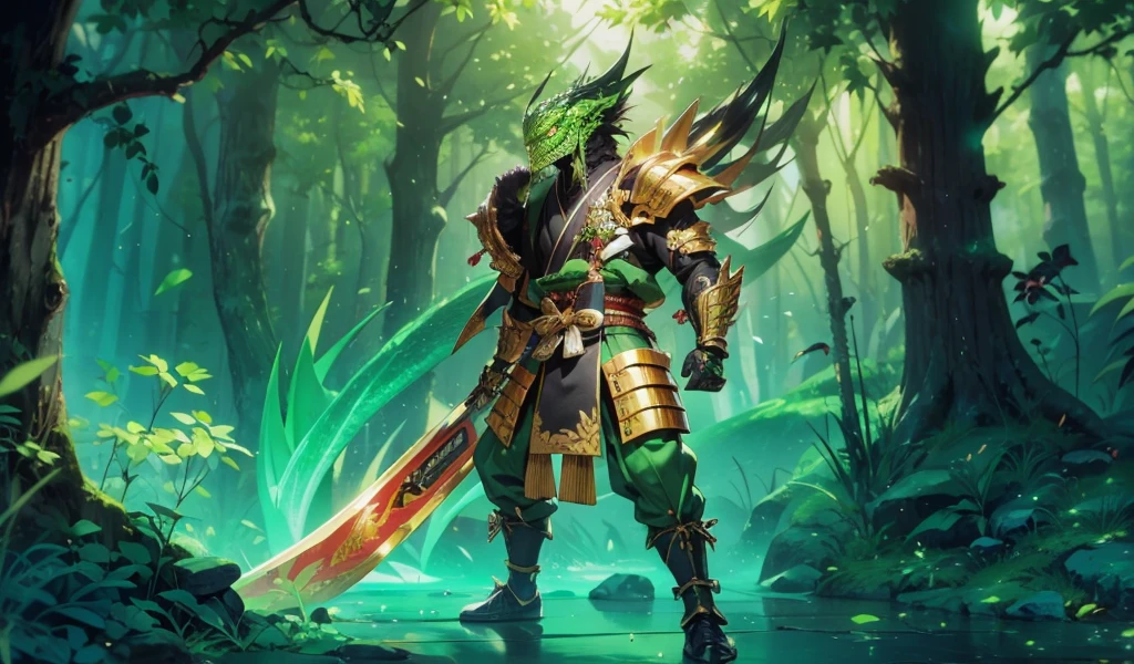 whole body，Green Lizard Man，Green Skin，Scale covering，Golden samurai armor，Japanese Samurai Style，Alligator head，Black long beard，Black long eyebrows