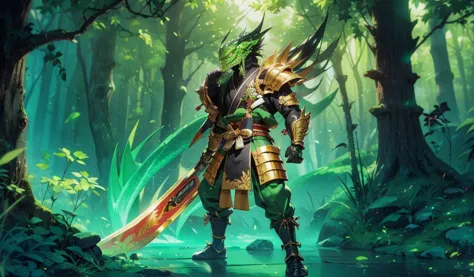 whole body，green lizard man，green skin，scale covering，golden samurai armor，japanese samurai style，alligator head，black long bear...