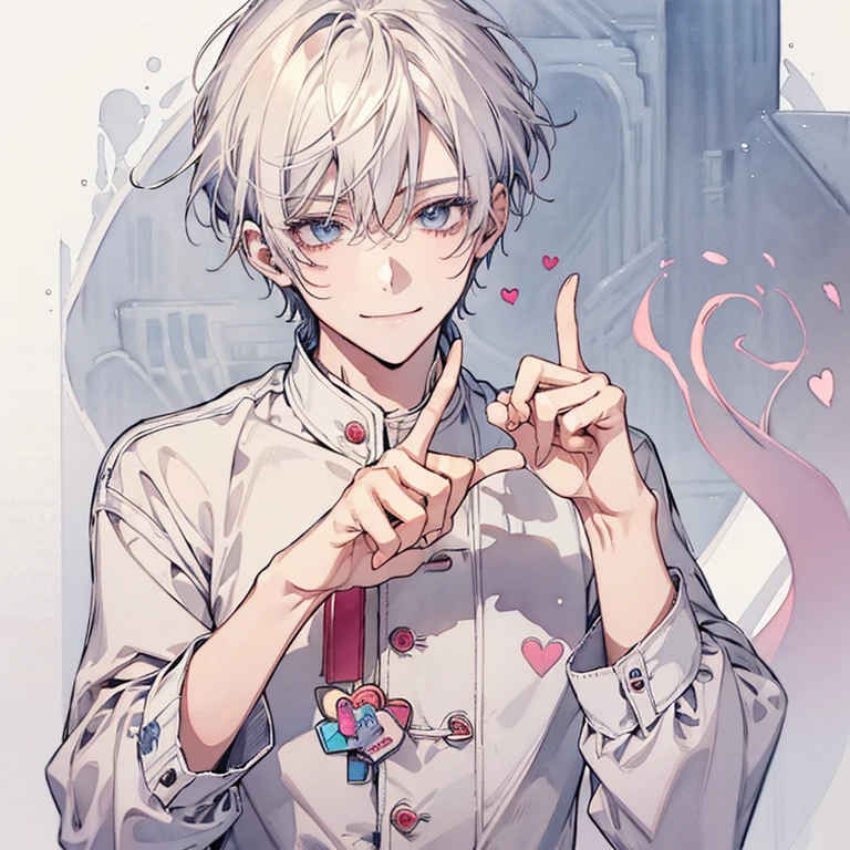 clear line drawing, transparent watercolor, clear shading, beautiful young man, slim,finger heart, Fashionable everyday wear, convey love, inner strength, ❤️, loves it,high quality, Amount to draw, pixiv illustration,smile, {{{man make heart symbol with fingers,make heart symbol with index fingers and middle fingers}}},