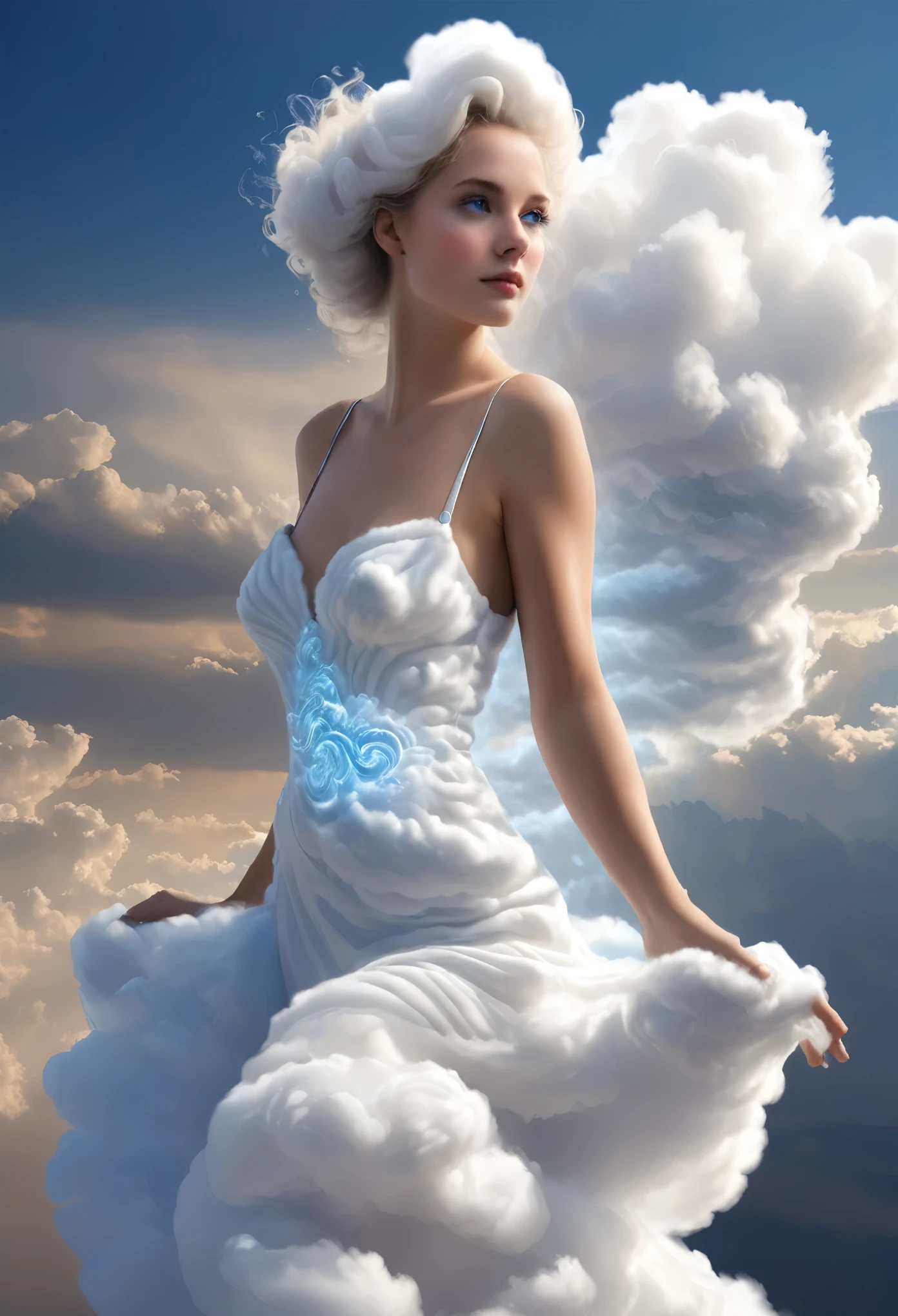 Dans une soirée chic, a sublime French woman aged 25 wearing a long evening dress made of white clouds, longues jambes, cheveux longs sublimes, electric blue eyes, regard intense , visage heureux et rayonnant, sublime poitrine effet push-up, sublime décolleté plongeant, ((proportions parfaites, masterpiece, hyperrealistic, masterpiece, superior quality, high resolution, Extremely detailed, highly detailed 8K wallpaper))