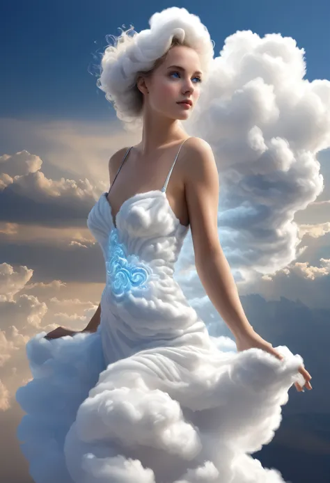 Dans une soirée chic, a sublime French woman aged 25 wearing a long evening dress made of white clouds, longues jambes, cheveux ...