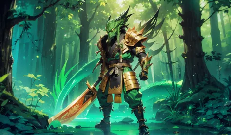 whole body，green lizard man，green skin，scale covering，golden samurai armor，japanese samurai style，alligator head，black long bear...